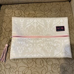 Cream Sparkle Bridal Large Makeup Junkie Bag with Pink Zipper and Tassel